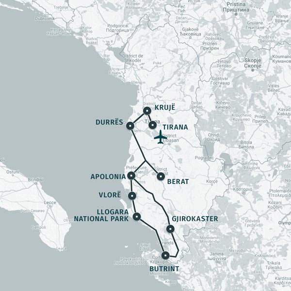 Carte itinéraire séjour Escapade en Albanie