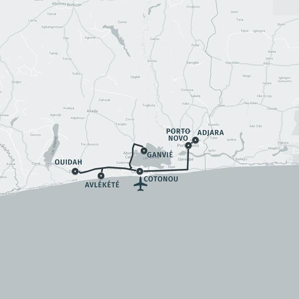 Carte itinéraire séjour entre mer et lagune au Bénin
